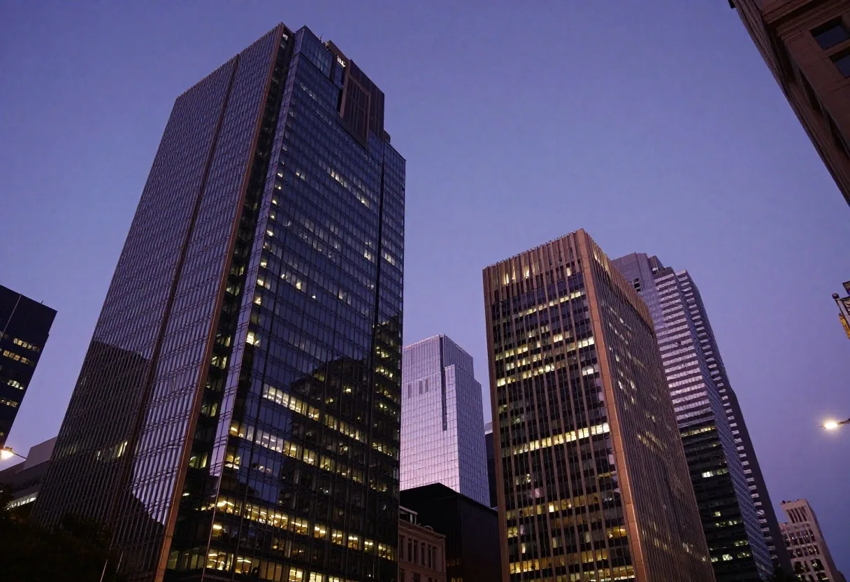 Melbourne financial precinct commercial office towers along Collins Street at twilight